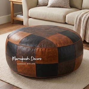 Large Leather Patchwork Pouf - Round Tri-Tone Ottoman in Brown, Black & Chocolate - Handmade Moroccan Style Floor Pillow - Rustic Home Decor