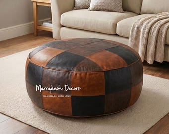 Large Leather Patchwork Pouf - Round Tri-Tone Ottoman in Brown, Black & Chocolate - Handmade Moroccan Style Floor Pillow - Rustic Home Decor