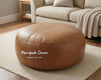 Tan Coffee Table Pouf – Handcrafted Round Leather Ottoman – Moroccan Leather Footstool  - leather floor cushion - extra seating pouf