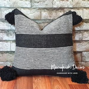 Set of 2 Decorative Moroccan Pom Pom Pillows – 100% Cotton, Handmade Boho Chic Home Decor - Handwoven in Marrakech, Custom Sizes & Colors