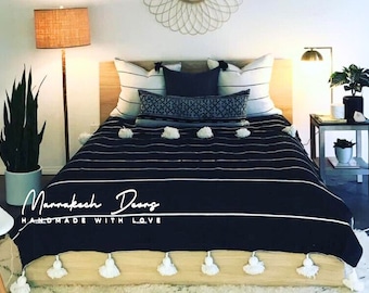 Cotton Moroccan Pompom Blanket,bedroom blanket,moroccan throw blanket,moroccan pompom blanket , Black with White stripes and pompoms