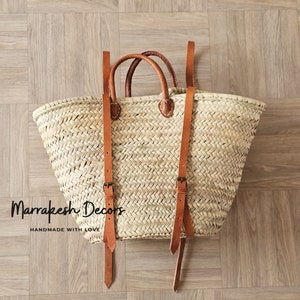 Paniers de paille Sac à dos d&#39;été Sac à dos avec poignées en cuir - French Basket - Sac à dos hipster - Panier de paille en paille - Sac de plage Beach Bag