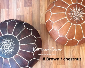 Moroccan Leather Pouf Ottoman, Yellow Handmade Pouffe, Genuine Leather Footstool, Floor Cushion, Boho Living Room Decor