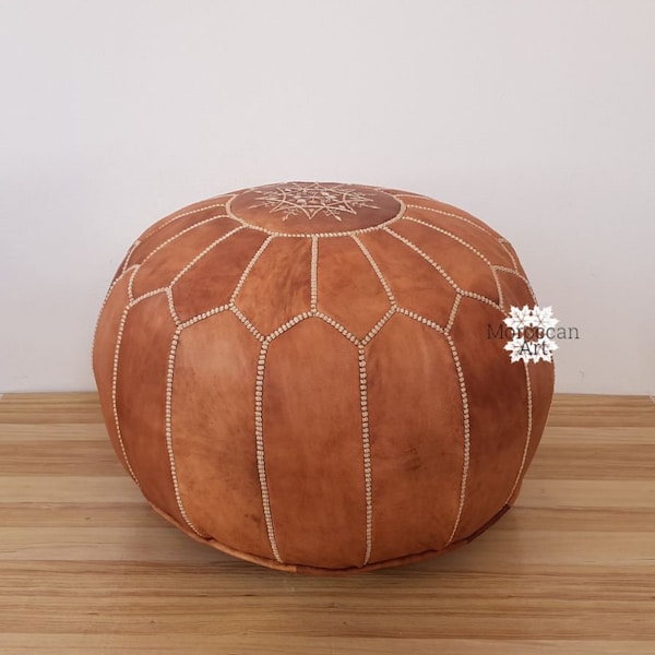 Leather Pouf - Time-Honored Craftsmanship for Modern Living - Handcrafted Leather Pouf Ottoman: Moroccan Artistry Meets Modern Comfort