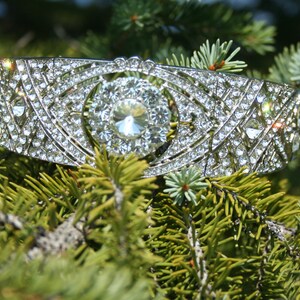 Puede incluir: Una tiara plateada con un gran cristal transparente en el centro y cristales m&aacute;s peque&ntilde;os que la rodean. La tiara est&aacute; descansando sobre un lecho de agujas de pino verdes.