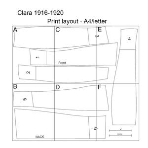 Puede incluir: Un diagrama en blanco y negro que muestra c&oacute;mo imprimir un patr&oacute;n para una prenda de vestir. El diagrama est&aacute; etiquetado con las letras A a F y los n&uacute;meros 1 a 9. El diagrama incluye las palabras "Delantero" y "Trasero" y la medida "4 pulgadas" y "10 cm".