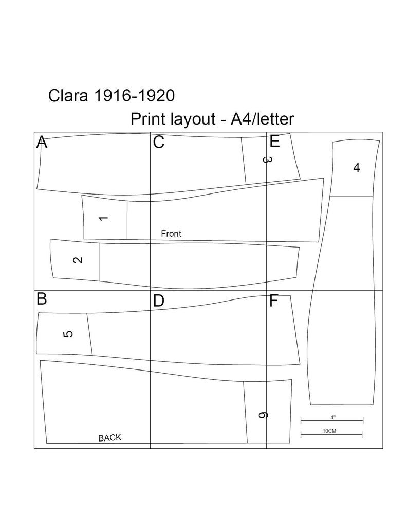 Puede incluir: Un diagrama en blanco y negro que muestra c&oacute;mo imprimir un patr&oacute;n para una prenda de vestir. El diagrama est&aacute; etiquetado con las letras A a F y los n&uacute;meros 1 a 9. El diagrama incluye las palabras "Delantero" y "Trasero" y la medida "4 pulgadas" y "10 cm".