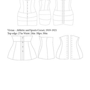 Puede incluir: Dibujo de l&iacute;nea de dos patrones de cors&eacute; diferentes. El primer patr&oacute;n est&aacute; etiquetado como "Myrtle - Cors&eacute; con bandas de control de cadera, 1918" con las siguientes medidas: Borde superior: 39 pulgadas Cintura: 34 pulgadas Caderas: 39 pulgadas. El segundo patr&oacute;n est&aacute; etiquetado como "Vivian - Cors&eacute; deportivo y deportivo, 1919-1921" con las siguientes medidas: Borde superior: 27 pulgadas Cintura: 24 pulgadas Caderas: 30 pulgadas.