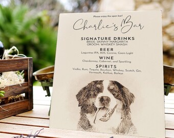 9x12 Poster Wedding Pet Bar Sign, Custom Dog Portrait for Wedding Cocktail Bar and Includes a White Fold-Out Double Wing Easel Back