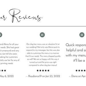 May include: White background with the text "Our Reviews" in a cursive font. The image features three customer reviews with quotes and star ratings, each with a date and customer name.