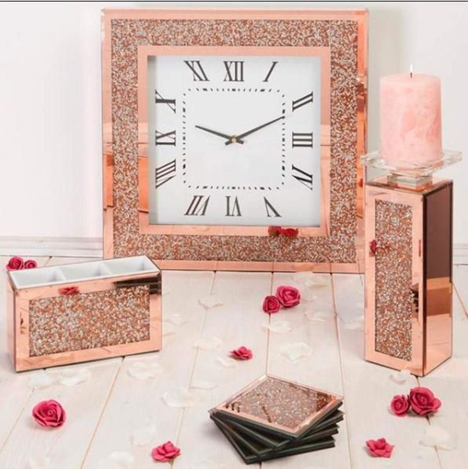 Luxury Diamond Crushed Crystal Wall Clock in Rose Gold and Etsy UK