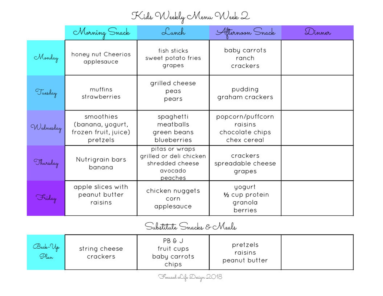 Kids Meal Plan Kids Lunch Weekly Menu Plan Menu Plan Printable Meal