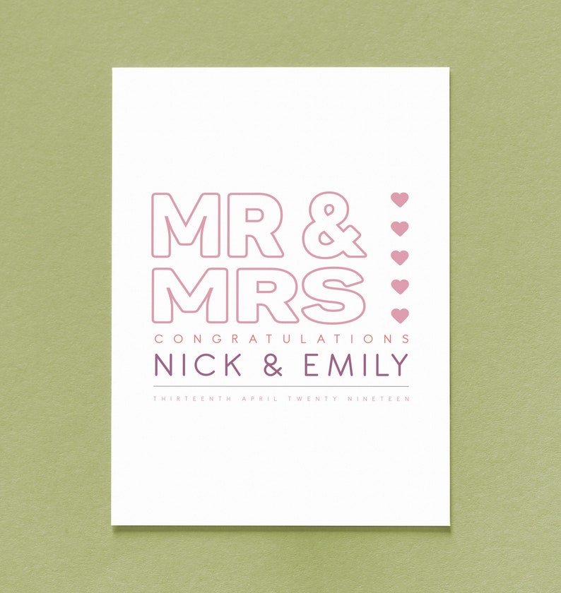Mr /& Mrs Congratulations Wedding Card wedding date personalised wedding card names of the happy couple.