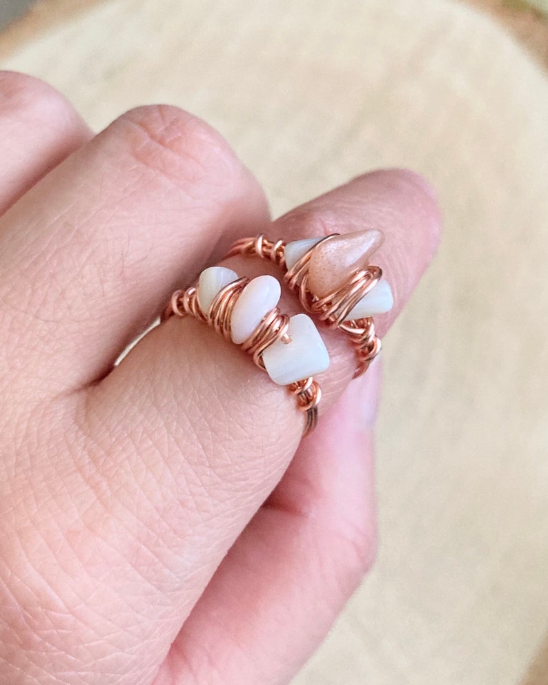 shell natural pearl ring copper wire Wire wrapped pink opal or sunstone pearl ring reiki healing shell ring gift healing jewelry