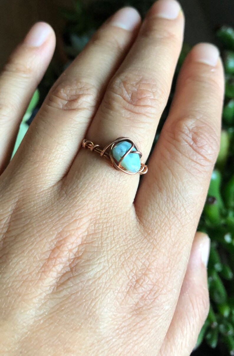 Larimar Crystal Chip Bead Ring throat crystal healing stone third eye wire wrapped leo stackable dainty heart chakra