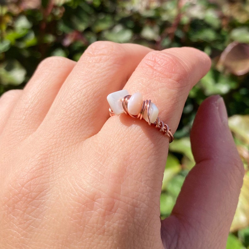 shell natural pearl ring copper wire Wire wrapped pink opal or sunstone pearl ring reiki healing shell ring gift healing jewelry