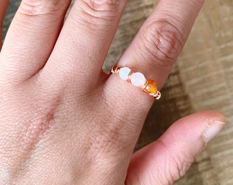 Wire wrapped carnelian, rose quartz, moonstone crystal bead ring, reiki crystal jewelry, copper wire, Aries, Virgo, Leo stone