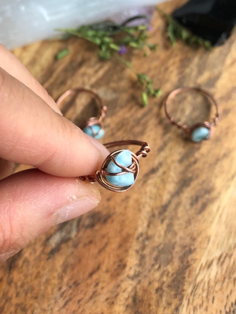 Larimar Crystal Chip Bead Ring throat crystal healing stone third eye wire wrapped leo stackable dainty heart chakra