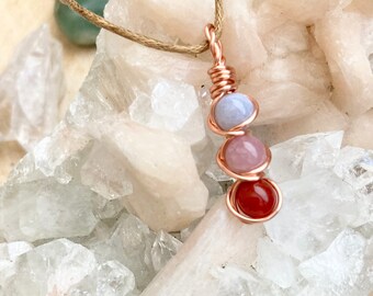 Small Minimal Carnelian, Rose Quartz, Agate Pendant Necklace, crystal necklace, dainty, wire wrapped, reiki crystal healing jewelry