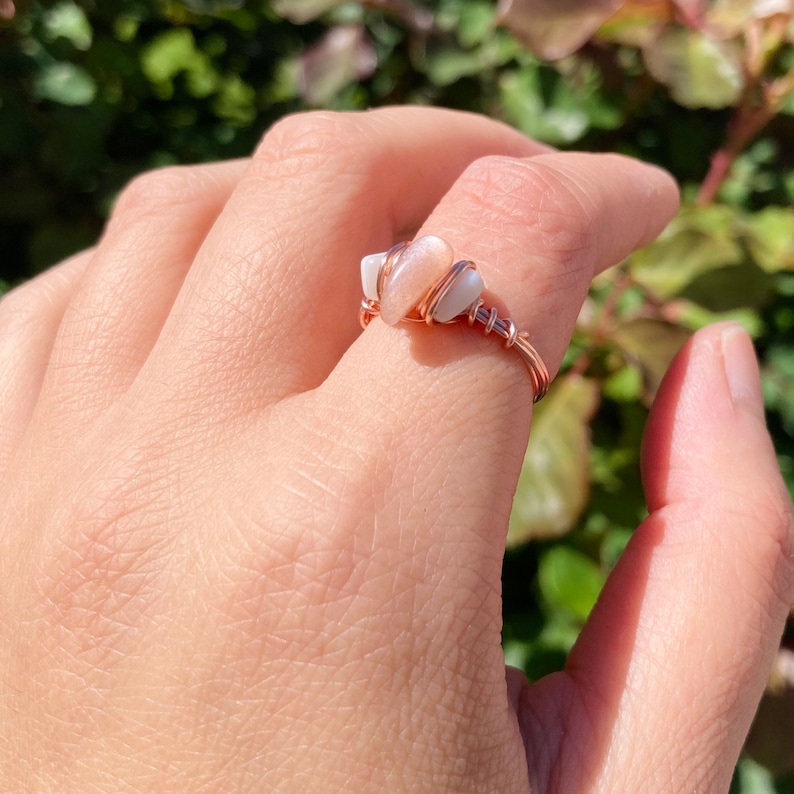 shell natural pearl ring copper wire Wire wrapped pink opal or sunstone pearl ring reiki healing shell ring gift healing jewelry