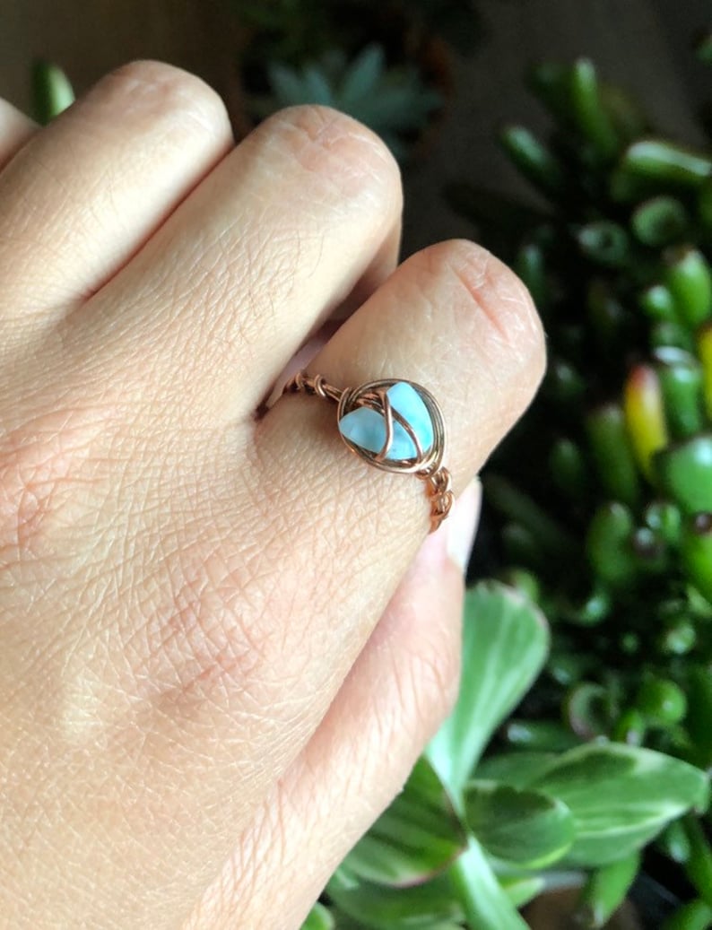 Larimar Crystal Chip Bead Ring throat crystal healing stone third eye wire wrapped leo stackable dainty heart chakra
