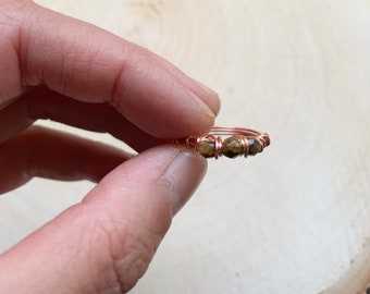 Tiger’s Eye Bead Crystal Ring, wire wrapped, copper, made to order, boho, capricorn, gemini, Crystal healing jewelry
