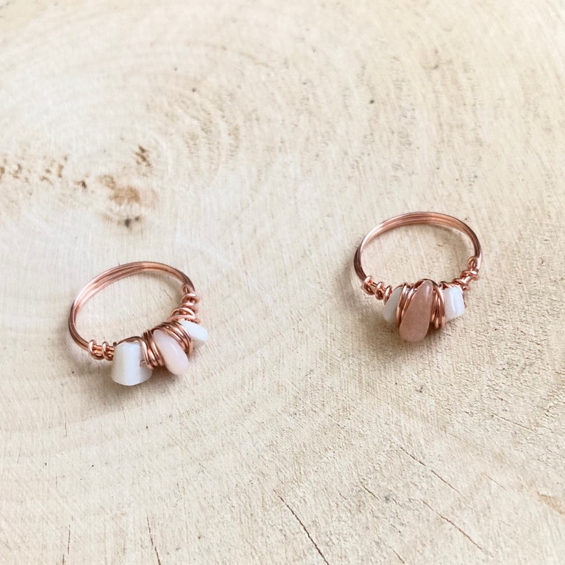 shell natural pearl ring copper wire Wire wrapped pink opal or sunstone pearl ring reiki healing shell ring gift healing jewelry