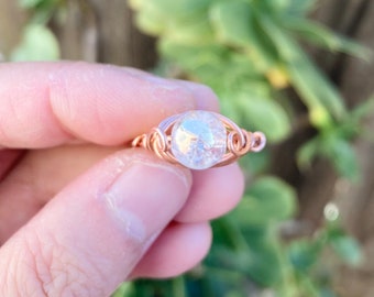 Wire Wrapped Angel Aura Quartz Crystal Ring, Crackle Quartz, copper, stone, womens, gift, reiki healing jewelry, aura quartz ring