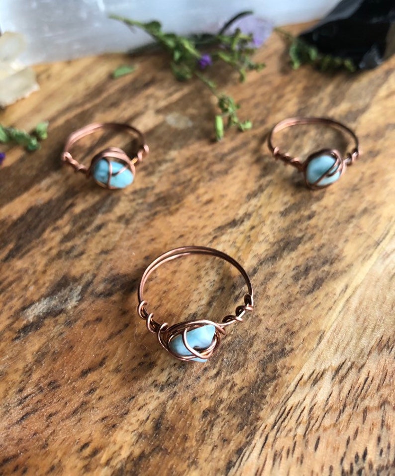 Larimar Crystal Chip Bead Ring throat crystal healing stone third eye wire wrapped leo stackable dainty heart chakra