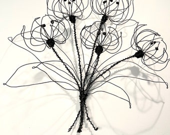 Tulips, Wire flower wall decor, 5 Tulips in a bouquet, handmade. natural interior design. 3D. Free shipping (US only)