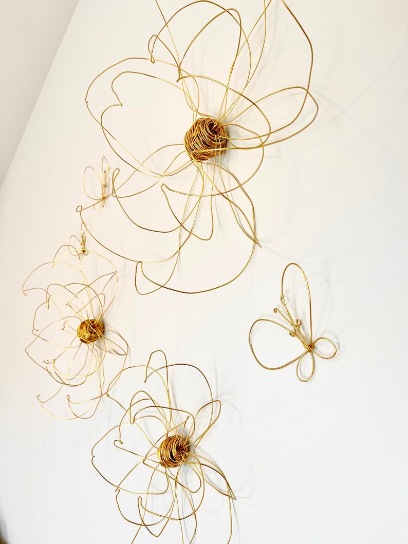 Home decor, Wall decor, Wall Hanging, Wire art, One flower, Gold, Unique Interior design Idea, Wall art, bedroom decor, 100% handmade, 3d image 4