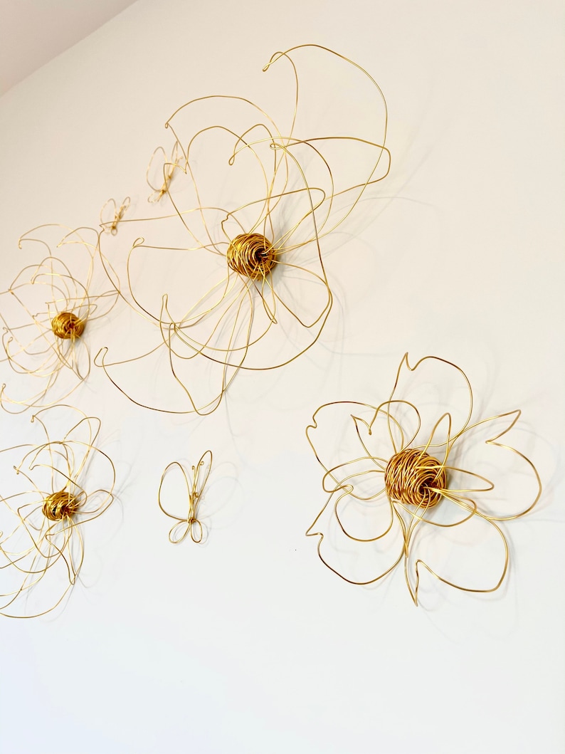 Home decor, Wall decor, Wall Hanging, Wire art, One flower, Gold, Unique Interior design Idea, Wall art, bedroom decor, 100% handmade, 3d image 2