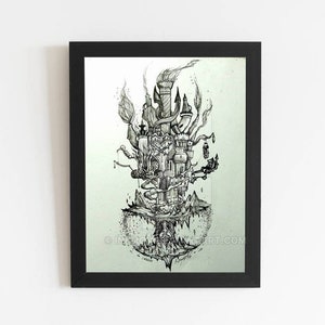 Stampa di Kingdom Hearts, disegno del Bastione Vuoto, foglio decorativo, poster di gioco, regalo d'arte, illustrazione in bianco e nero, regalo per lui