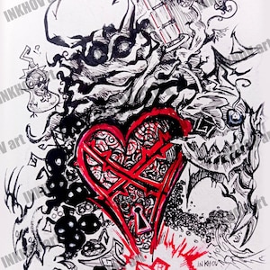 Heartless Kingdom Hearts Illustration mit schwarzer und roter Tinte, Sora Keyblade Print Poster kh, Dark Fantasy Videospielkunst, Kunst