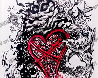 Kingdom Hearts print Heartless Art Laminated Black and White Ink Drawing Shadow Wall Art Gamer Room Decor Handmade Gaming Gift KH Fan