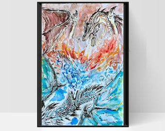 Fatalis contre Alatreon - Illustration aquarelle - Monster Hunter - Jeu vidéo - Dessin de dragons