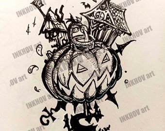 Halloween Town - Kingdom Hearts Impression, Dessin KH World illustration, Cauchemars avant Noël, Art du jeu vidéo, cadeau pour elleハロウィンタウン