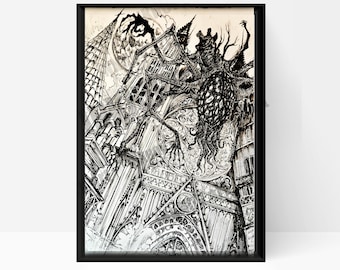 Impression plastifiée Amygdala Bloodborne, impression d'art artisanale en noir et blanc, fan art, cadeau de jeu vidéo, décoration murale pour gamer
