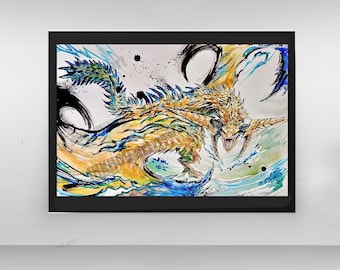 Dessin à l'encre et à l'aquarelle du roi Dau, personnage de Monster Hunter Wilds, bestiaire, illustration de dragon Dau pour gamer, cadeau décoratif mural