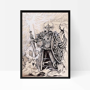 Poster di Elden Ring con disegno di Crucible Knight in bianco e nero, stampa artistica laminata di Elden Ring, regalo di Elden Ring