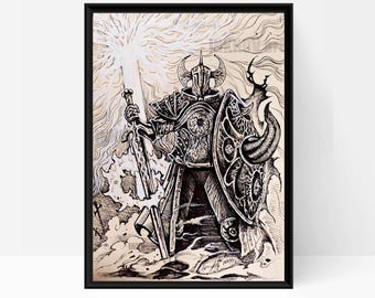 Elden Ring Poster Zeichnung Crucible Knight schwarz-weiß Tinte, Elden Ring Kunst laminierter Künstlerdruck, Elden Ring Geschenk