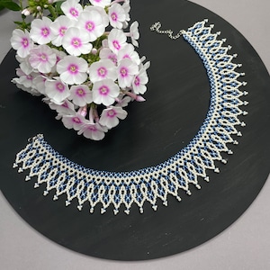 Bead necklace Blue and white color sylyanka Beaded craft necklace to vyshyvanka Gerdan Traditional Ukraine ethnic handmade to vyshyvanka