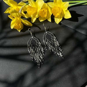 Gray black beaded earrings Black ombre Seed bead earrings Long earrings Fringe earrings Сhandelier earrings Boho earrings Beadwork earrings