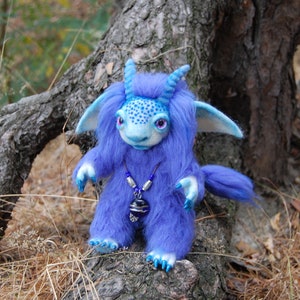 Fantasy Dragon Art Doll, Handmade Needle Felted Dragon, OOAK Collectible Creature, Soft Sculpture, Blue Fantasy Gift