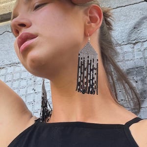 Black & Gray Beaded Chandelier Earrings: Long Dangle Earrings