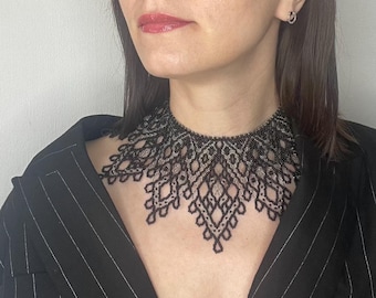 Black Beaded Choker Necklace, Gothic Ukrainian Sylianka, Handmade Beaded Collar, Statement Lace Necklace, Victorian Inspired Jewelry