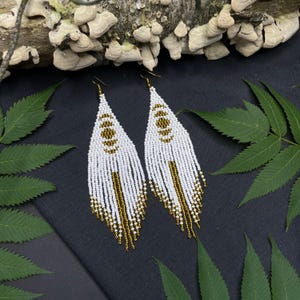 Beaded earrings moon Bead earrings Earrings moon White earrings Extra long earrings Fringe earrings Boho earrings Seed bead earrings
