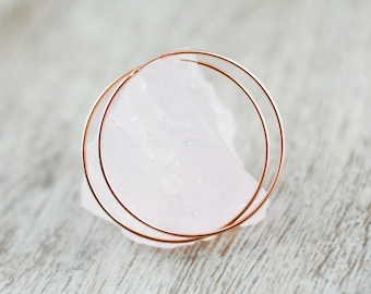 May include: A pair of rose gold hoop earrings with a double circle design. The earrings are simple and elegant, and would make a great gift for any occasion.