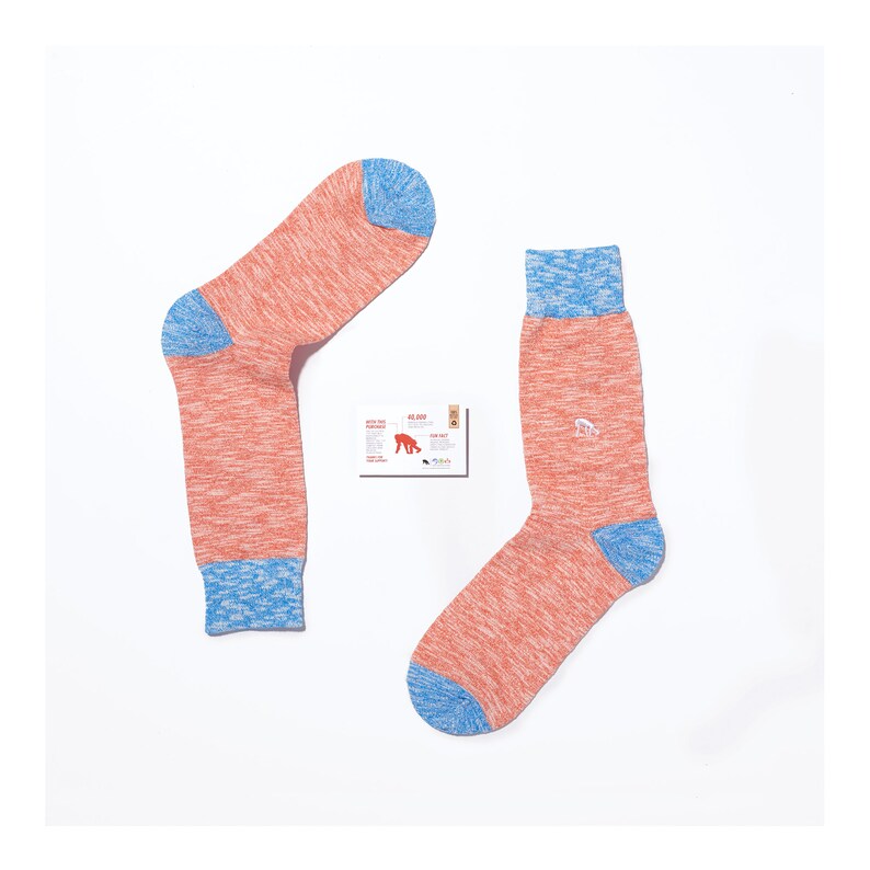 Orangutan organic cotton, eco friendly, orange and blue animal socks image 1