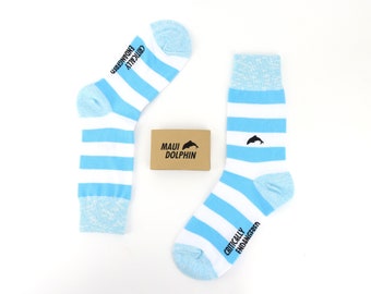 Large dolphin organic cotton, eco friendly blue and white striped animal socks